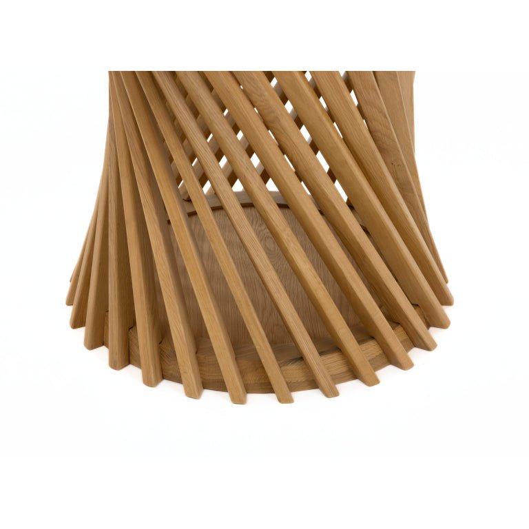 Dining Table Emma close-up on the twisted solid oak base showcasing natural oak wood and Scandinavian solid wood craftsmanship