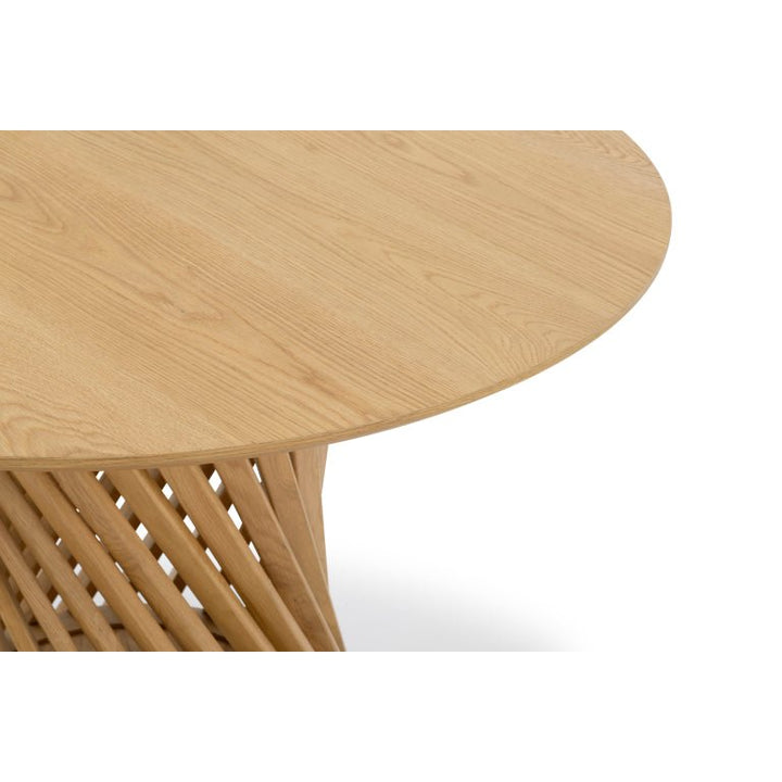 Dining Table Emma with round tapered natural oak top and distinctive airy twisted solid wood base
