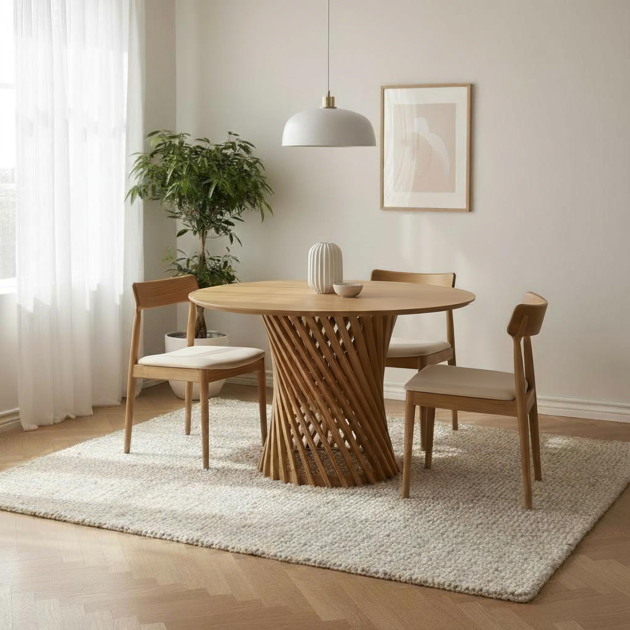Dining Table Emma with round tapered top and twisted airy oak base in minimalist solid wood design