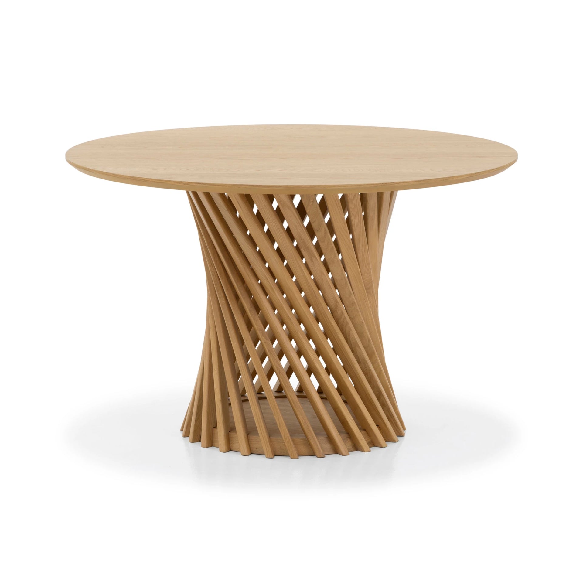 Dining Table Emma with round tapered top and unique twisted solid oak base in natural oak