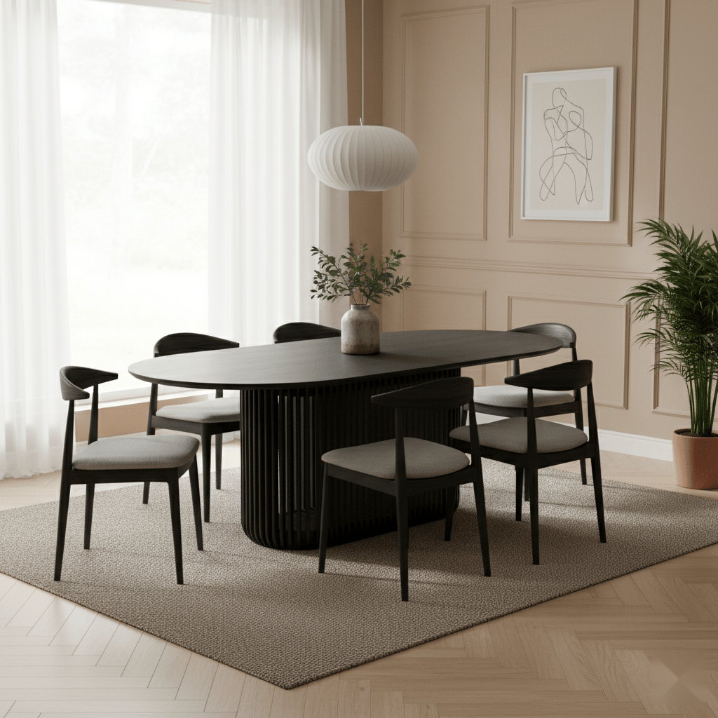 Dining Table Franz – Modern Oak Design with Natural Elegance in dark wood finish with ribbed base, minimalist Scandinavian dining room