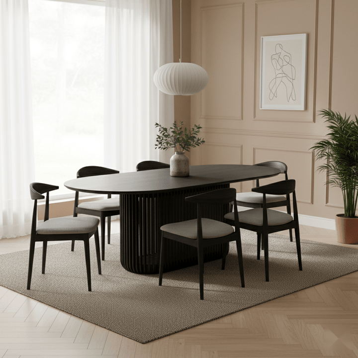 Dining Table Franz – Modern Oak Design with Natural Elegance in dark wood finish with ribbed base, minimalist Scandinavian dining room
