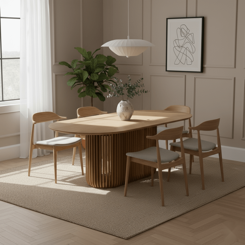 Dining Table Franz – Modern Oak Design with Natural Elegance in Scandinavian dining room with ribbed solid oak base