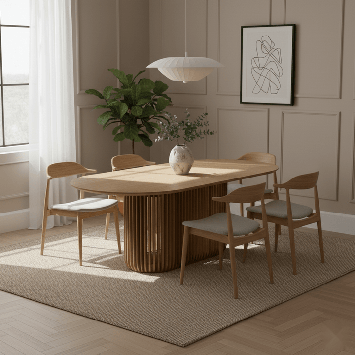Dining Table Franz – Modern Oak Design with Natural Elegance in Scandinavian dining room with ribbed solid oak base