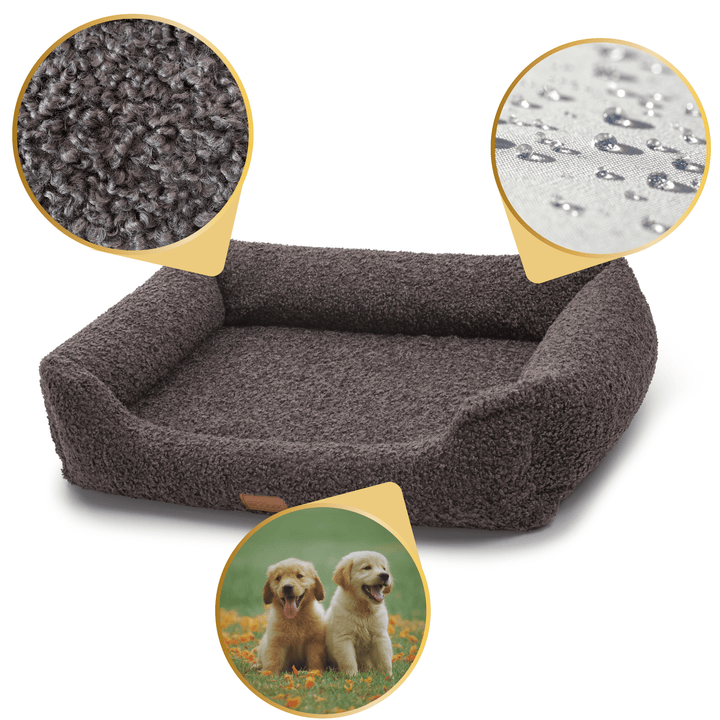 Gray orthopedic pet bed with highlighted features, including a soft sherpa fabric, waterproof material, and suitability for dogs of all sizes, with an inset of two happy golden retriever puppies."