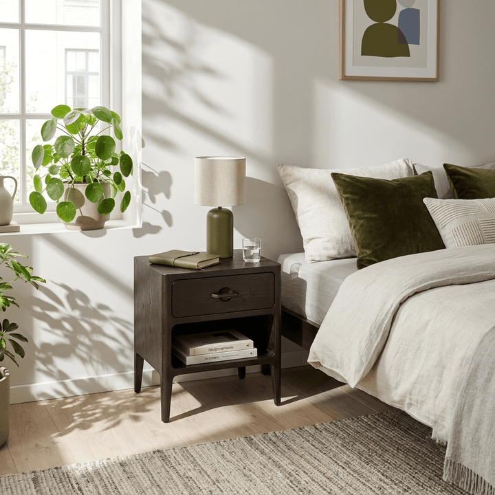 Espresso nightstand in a cozy bedroom with a bed, nightstand, and plants