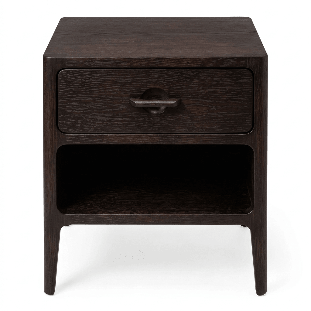 A dark brown wooden nightstand with a single drawer featuring a curved metal pull handle and an open shelf below, shown against a plain white background.