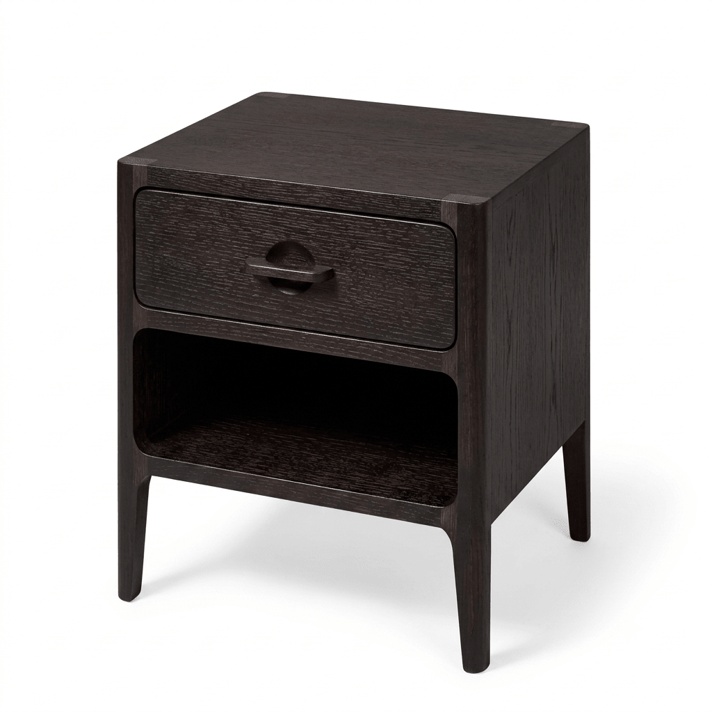 Dark wooden nightstand with a drawer on a white background