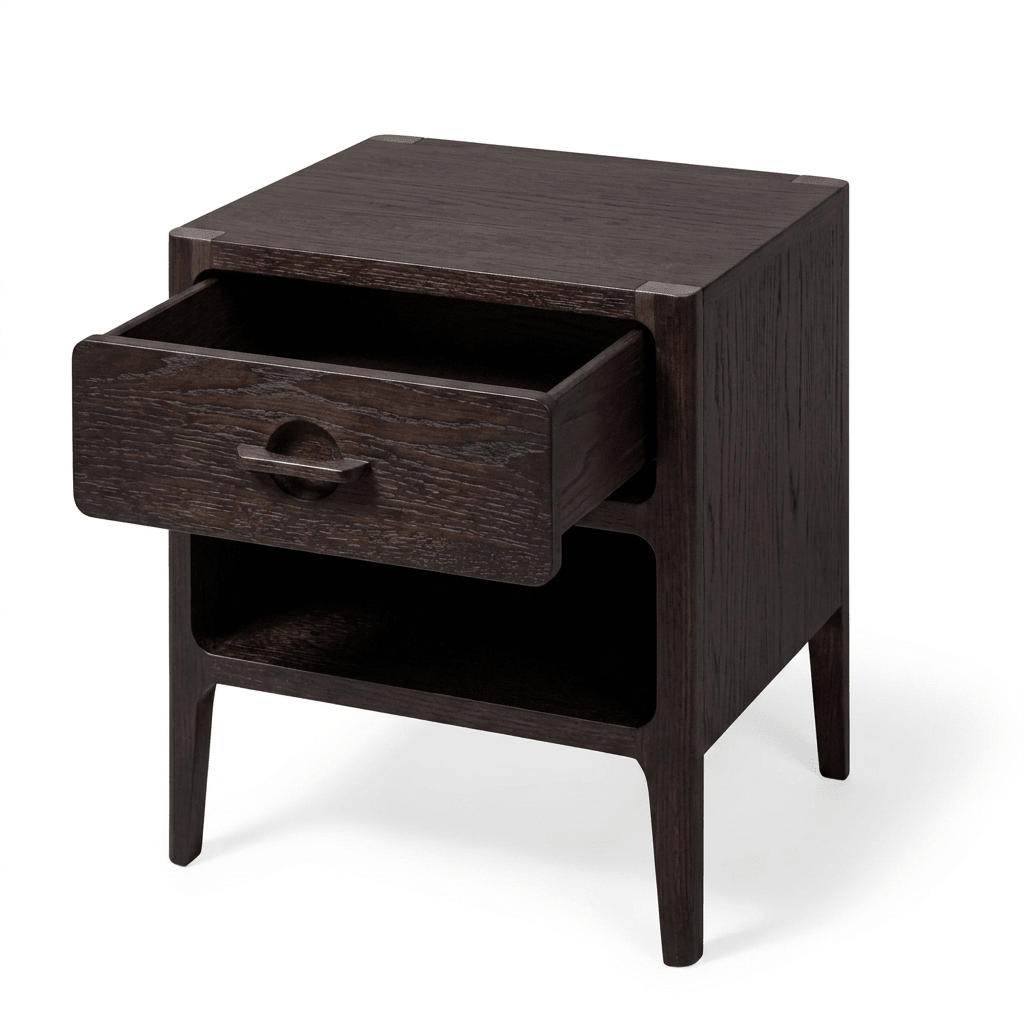 A dark brown wooden nightstand with a single open drawer and an open shelf, shown on a clean white background.