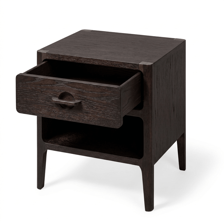 A dark brown wooden nightstand with a single open drawer and an open shelf, shown on a clean white background.