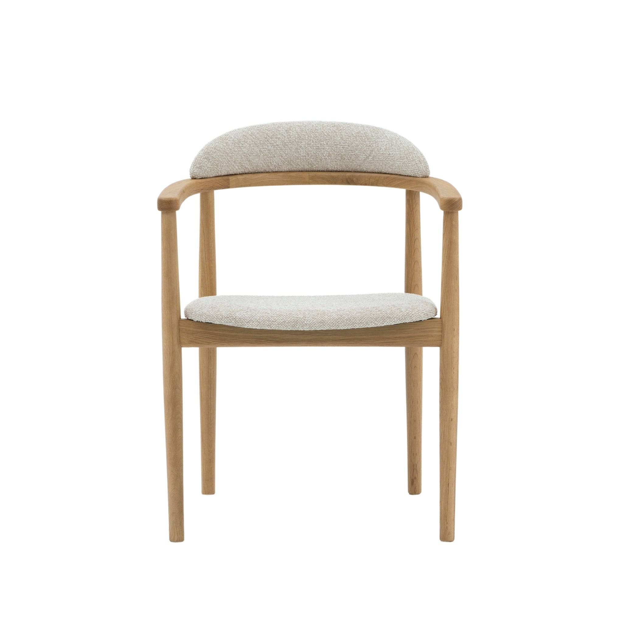 Elv– Elegant Oak Dining Chair front view with gently curved natural oak frame and light Cobble fabric, gallery position 1, Chair-Elv-Cobble-2.jpg