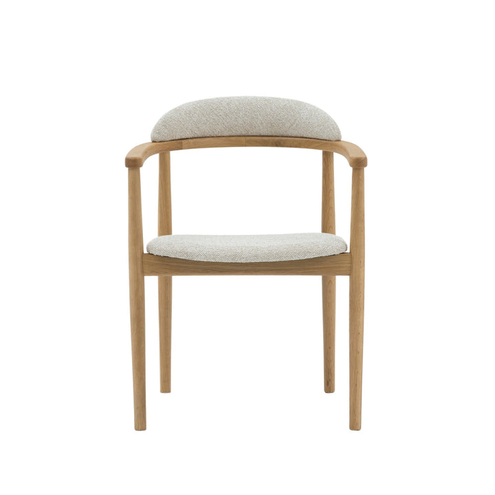 Elv– Elegant Oak Dining Chair front view with gently curved natural oak frame and light Cobble fabric, gallery position 1, Chair-Elv-Cobble-2.jpg