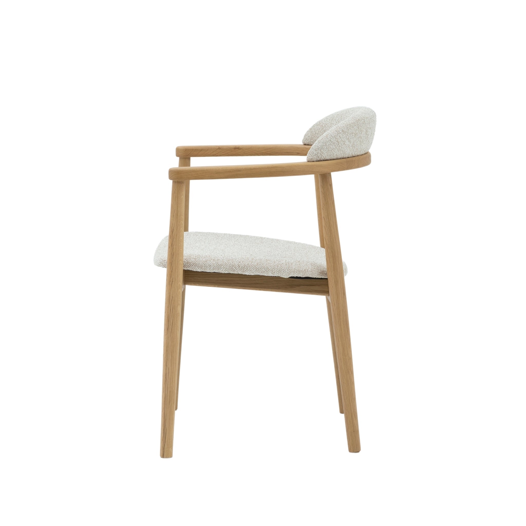 Elv– Elegant Oak Dining Chair side view with gently curved natural oak frame and light textured upholstery, gallery position 1, Chair-Elv-Cobble-4.jpg