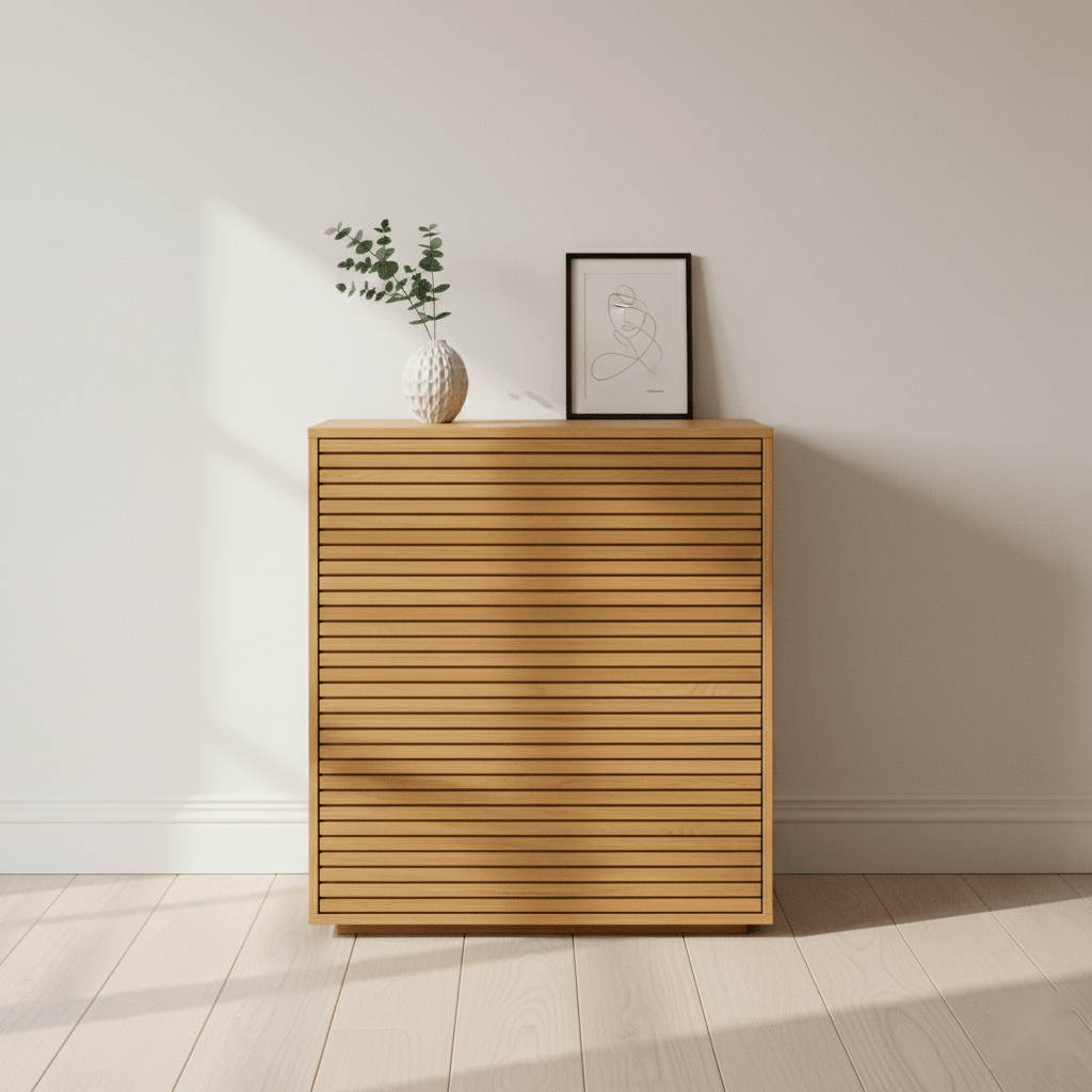 Emma ribbed oak dresser with four drawers and natural oil finish, modern solid wood design