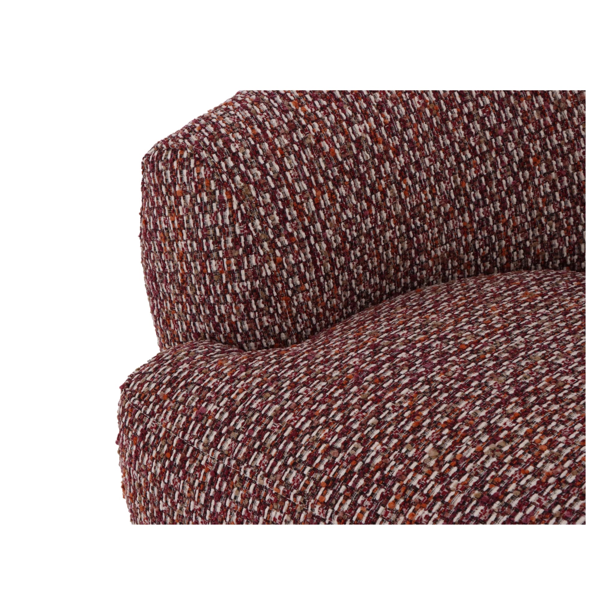 Emma – Red Swivel Armchair with Oak Base close-up on textured red fabric upholstery highlighting detailed stitching, gallery position 1
