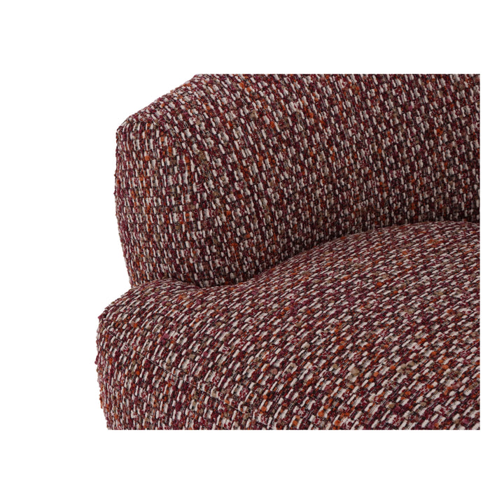 Emma – Red Swivel Armchair with Oak Base close-up on textured red fabric upholstery highlighting detailed stitching, gallery position 1