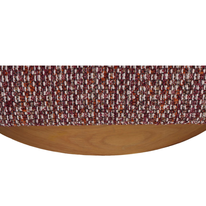 Emma – Red Swivel Armchair with Oak Base close-up on textured red fabric and smooth natural oak wood base, gallery position 1, file Poorlev-tugitool-Emma-Punane-8.webp