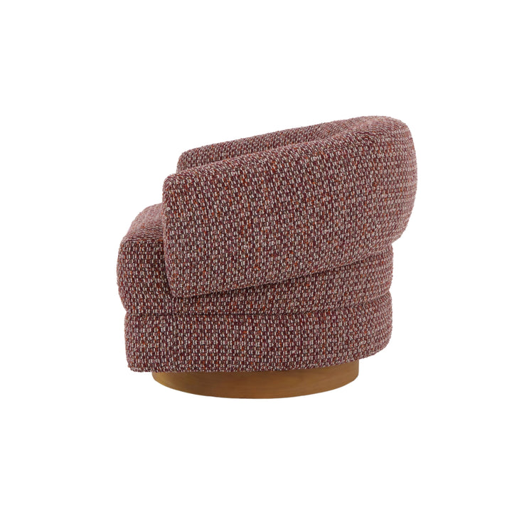 Red upholstered swivel lounge chair with natural oak base and 360-degree rotation