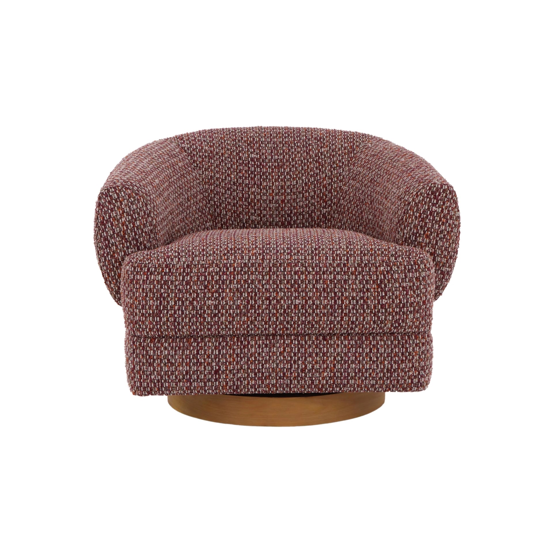 Textured red fabric swivel chair with matte oak base and rounded silhouette