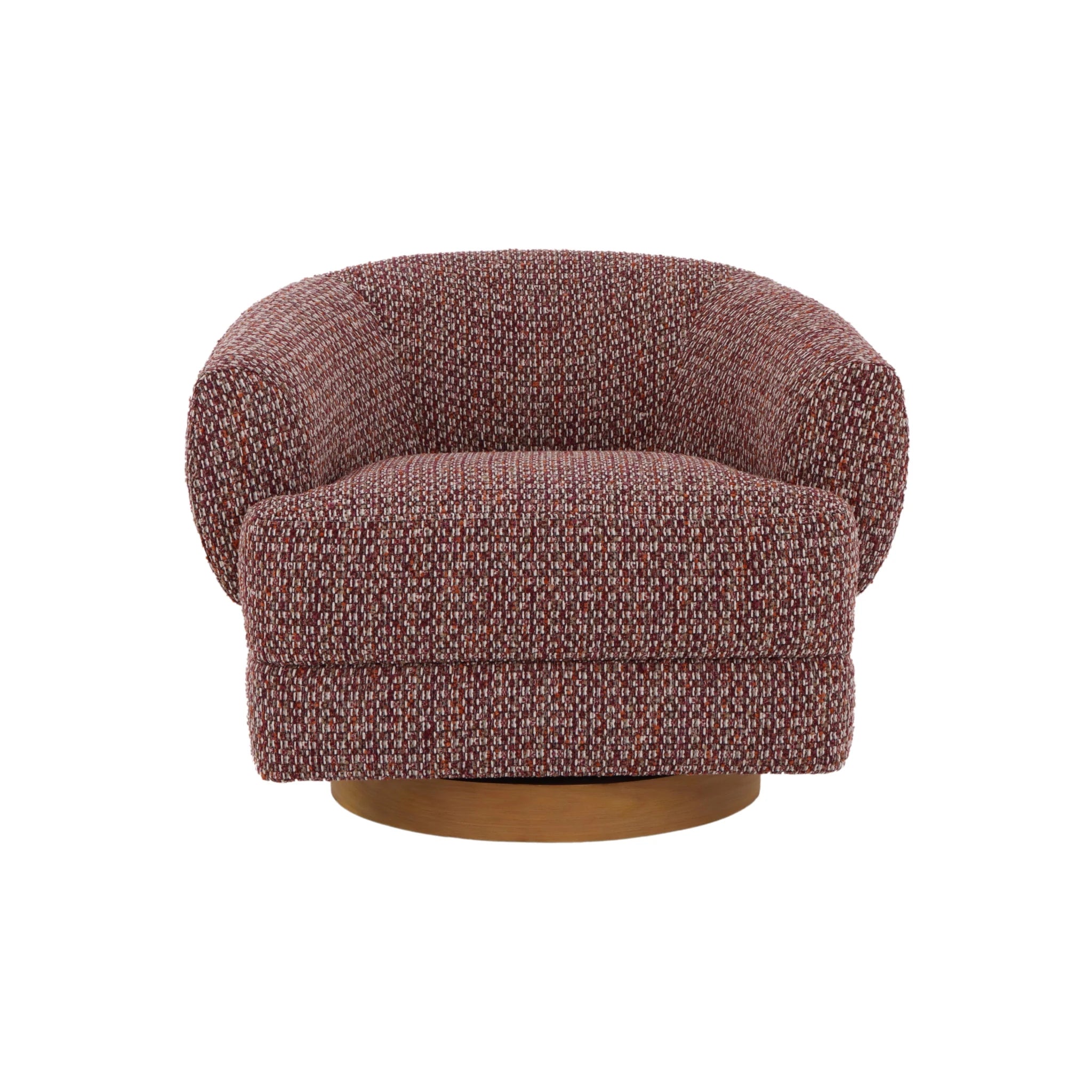 Textured red fabric swivel chair with matte oak base and rounded silhouette