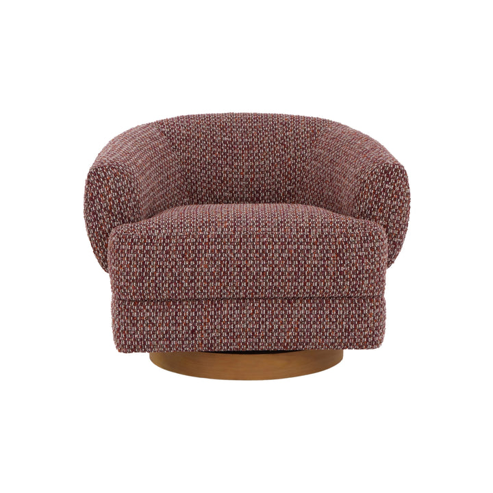 Textured red fabric swivel chair with matte oak base and rounded silhouette