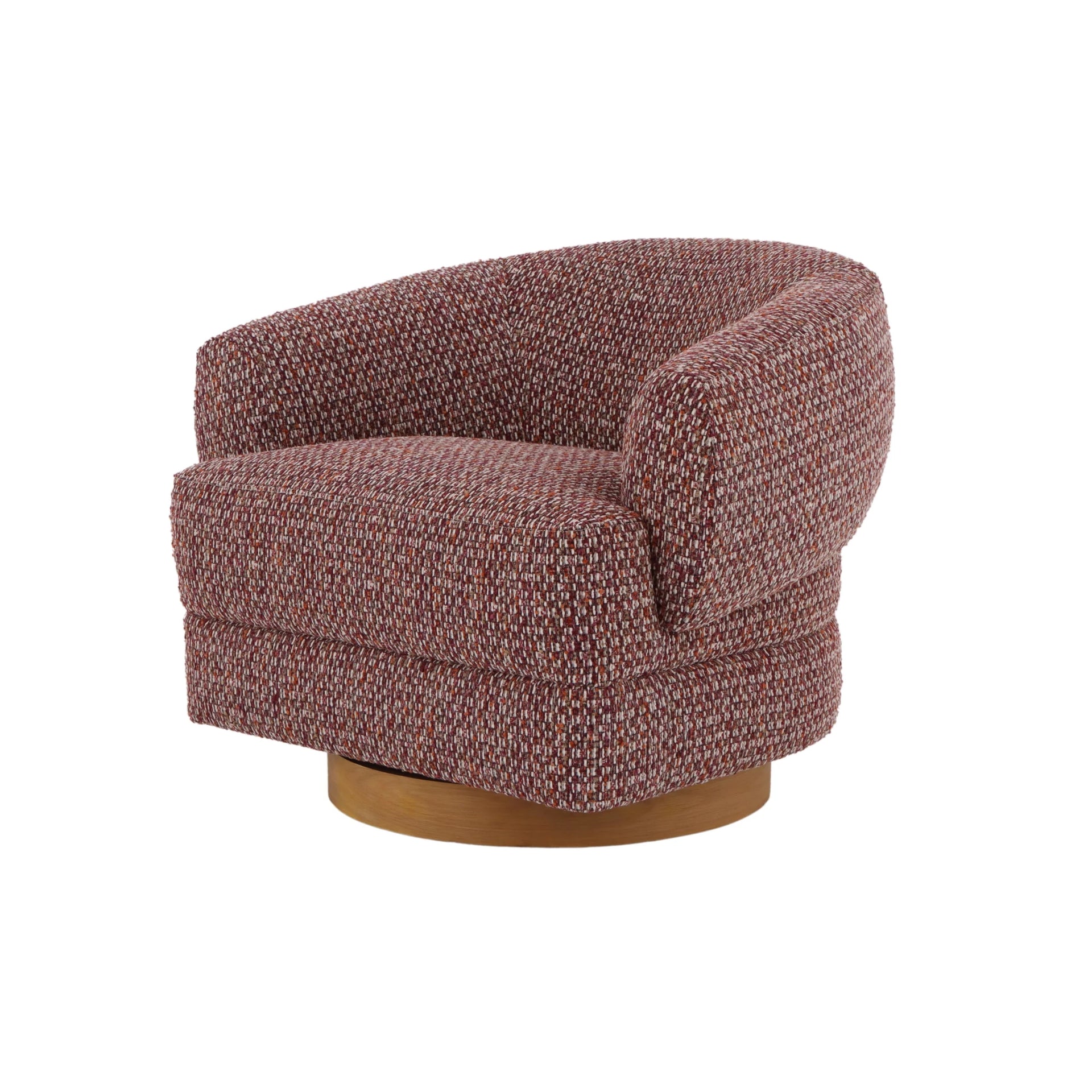 Emma red swivel armchair with oak wood base and curved modern design