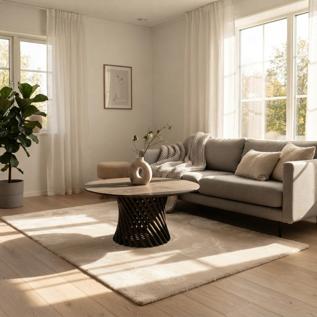 A modern living room scene featuring a light gray fabric sectional sofa with neutral throw pillows, a round wooden coffee table with a sculptural black base, and a large cream shag rug on light wood flooring.