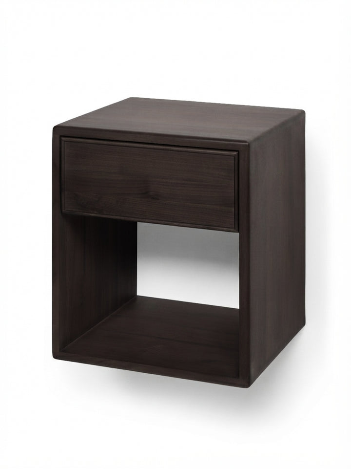 A dark brown wooden nightstand with a single drawer and an open shelf, shown from a three-quarter angle against a white background.