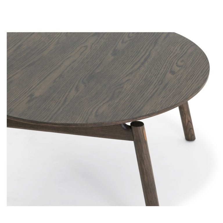 Espresso finished Oak Coffee Table Celeste close-up of round top and leg connection highlighting solid oak and minimalist artisanal design