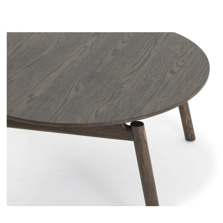 Espresso finished Oak Coffee Table Celeste close-up of round top and leg connection highlighting solid oak and minimalist artisanal design