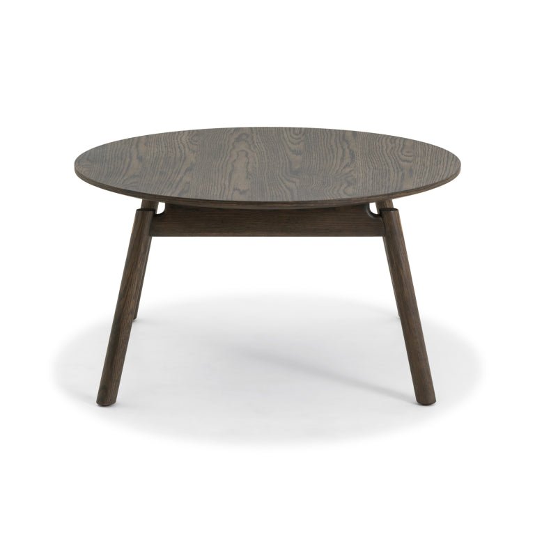Espresso finished Oak Coffee Table Celeste with round solid oak top and angled legs in minimalist solid wood furniture design, gallery 1 file Diivanilaud-Celeste-Espresso-3.webp