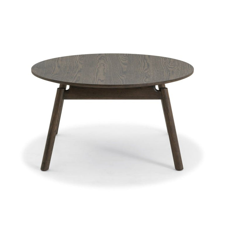 Espresso finished Oak Coffee Table Celeste with round solid oak top and angled legs in minimalist solid wood furniture design, gallery 1 file Diivanilaud-Celeste-Espresso-3.webp