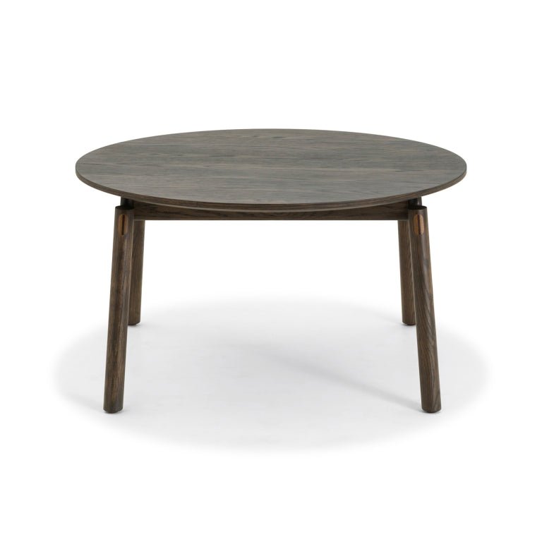 Espresso finished Oak Coffee Table Celeste with round top and angled legs in solid oak wood, minimalist Scandinavian design, gallery position 1