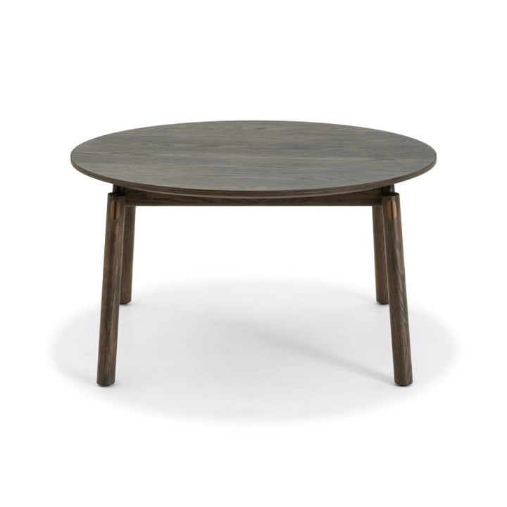 Espresso finished Oak Coffee Table Celeste with round top and angled legs in solid oak wood, minimalist Scandinavian design, gallery position 1
