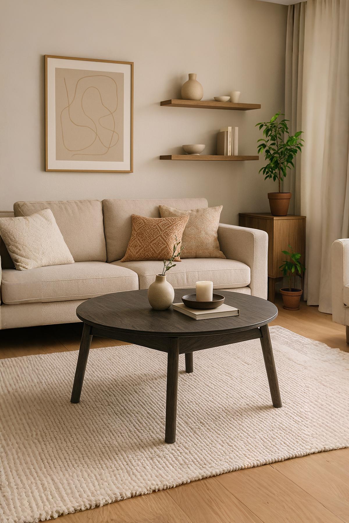 Espresso finished Oak Coffee Table Celeste with round solid oak top and tapered legs in minimalist Scandinavian living room