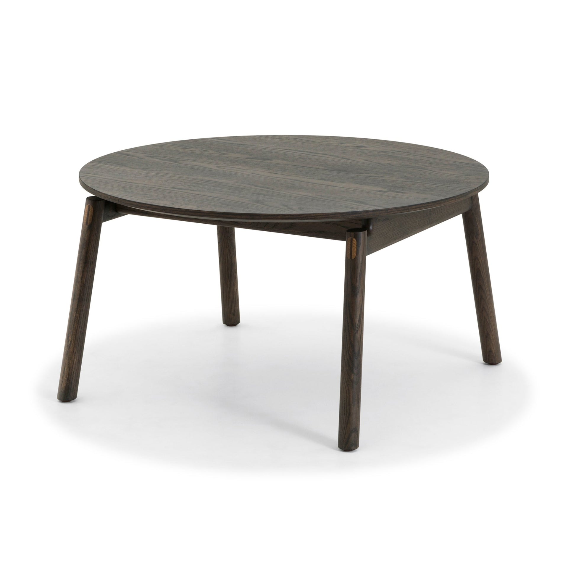 Espresso finished Oak Coffee Table Celeste with round solid oak top and angled legs in minimalist style