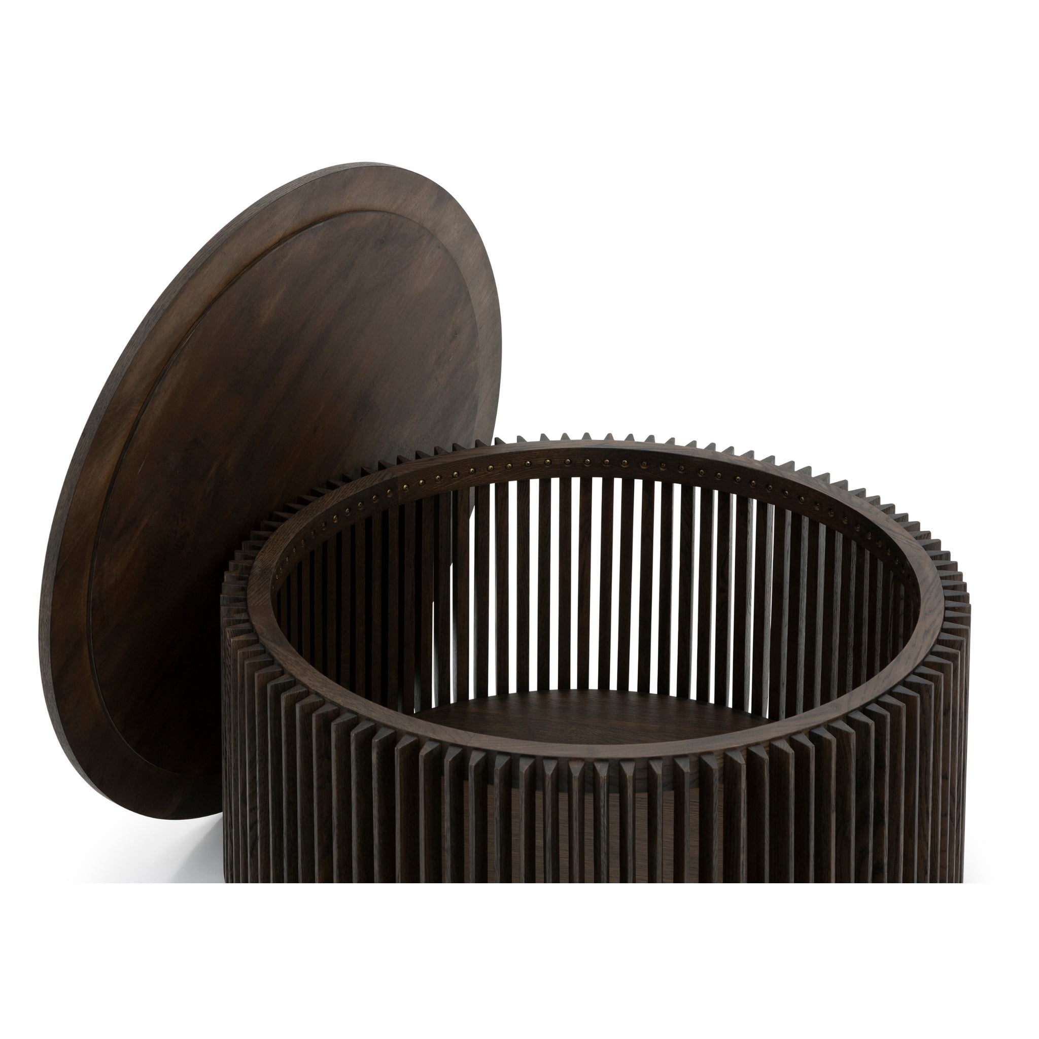 Espresso finished Oak Coffee Table Franz with open round top revealing ribbed solid oak base, minimalist Scandinavian solid wood furniture, gallery 1