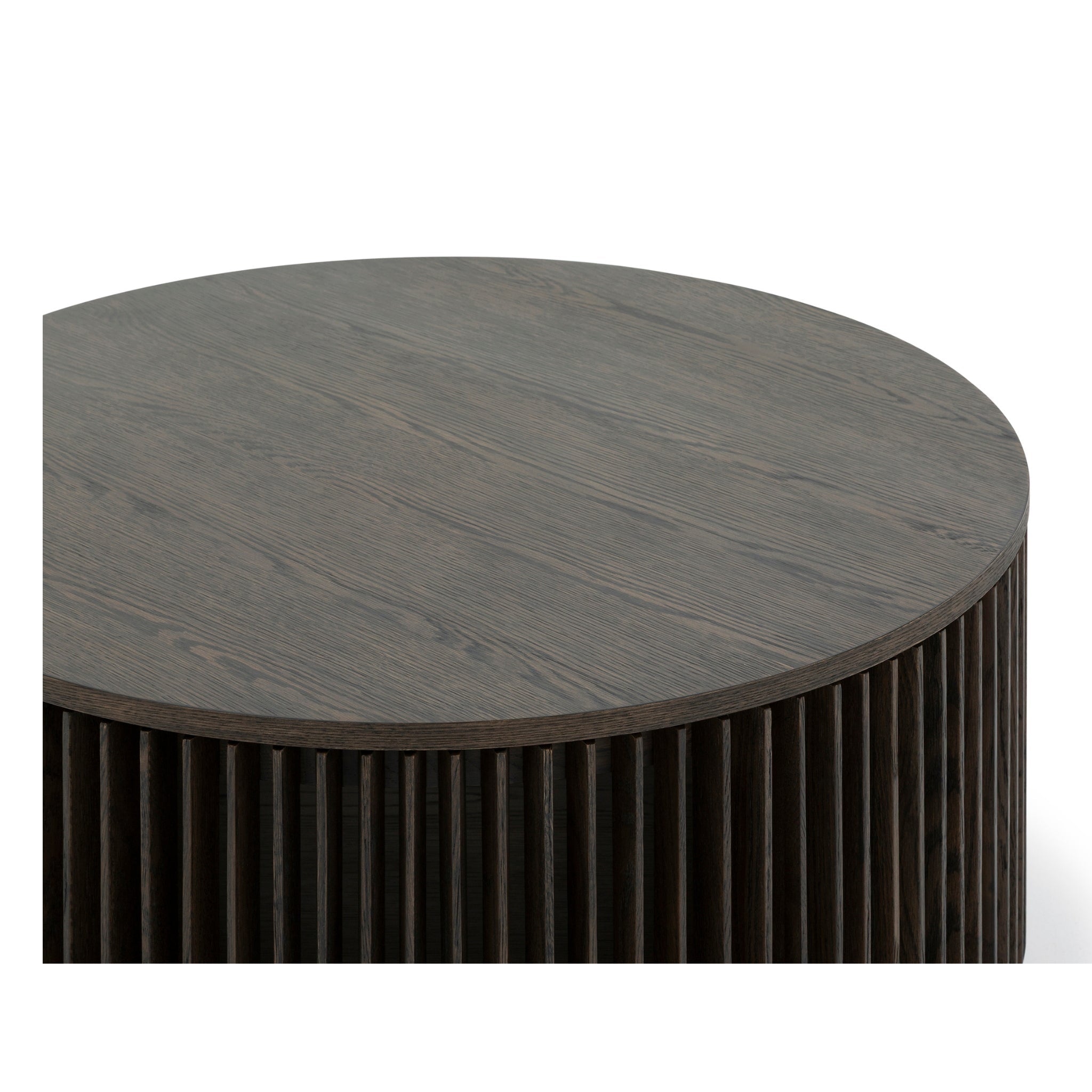 Espresso finished Oak Coffee Table Franz with round oak veneer top and distinctive ribbed solid oak base in minimalist Scandinavian design gallery 1