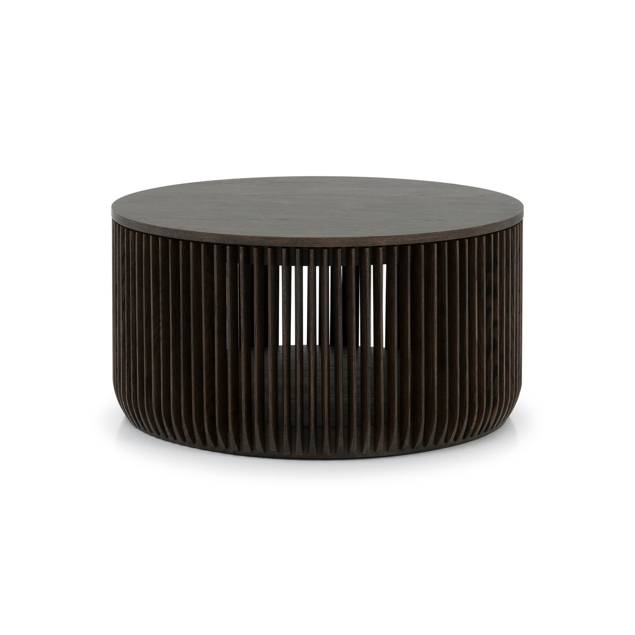 Espresso finished Oak Coffee Table Franz with round top and ribbed solid oak base in minimalist Scandinavian solid wood furniture, gallery 1 Diivanilaud-Franz-Espresso.jpg