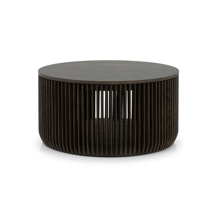 Espresso finished Oak Coffee Table Franz with round top and ribbed solid oak base in minimalist Scandinavian solid wood furniture, gallery 1 Diivanilaud-Franz-Espresso.jpg
