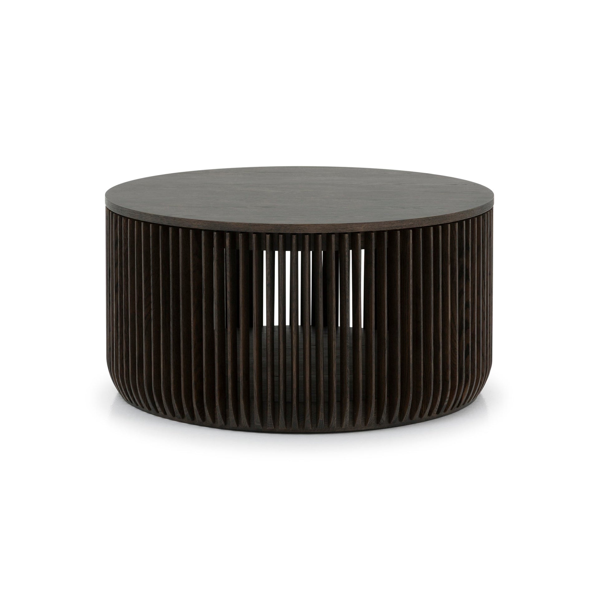Espresso finished Oak Coffee Table Franz with round top and ribbed solid oak base in minimalist Scandinavian solid wood furniture