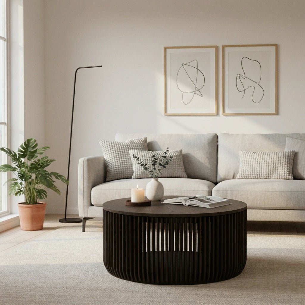 Espresso finished Oak Coffee Table Franz with ribbed solid oak base and top in minimalist Scandinavian living room