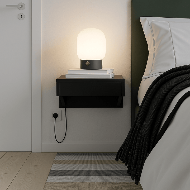 Modern black beech wood bedside table with visible grain and compact floating structure