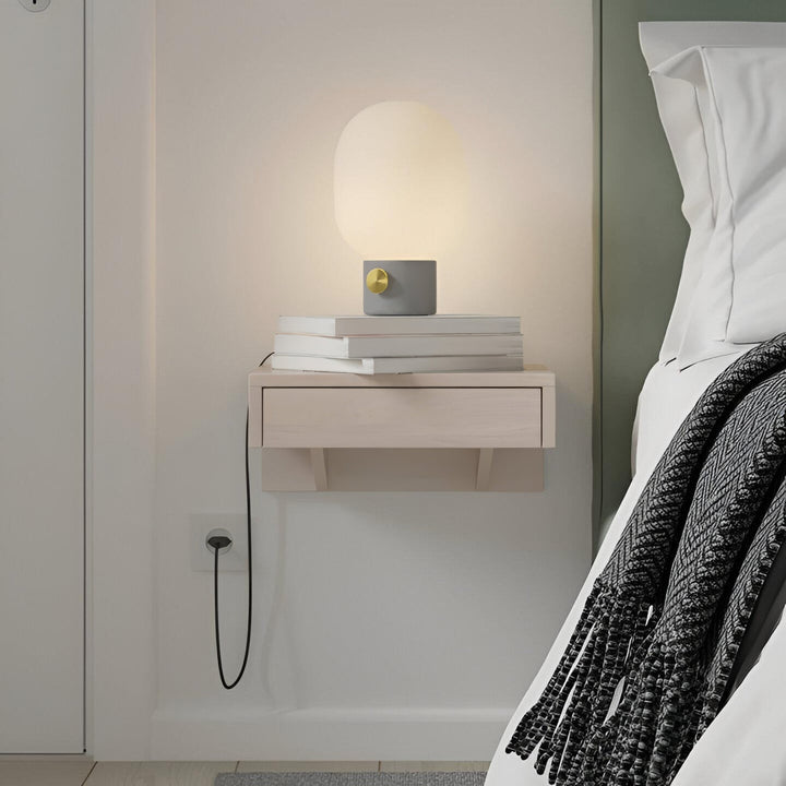 Modern white beech wood floating nightstand with natural grain and storage drawer
