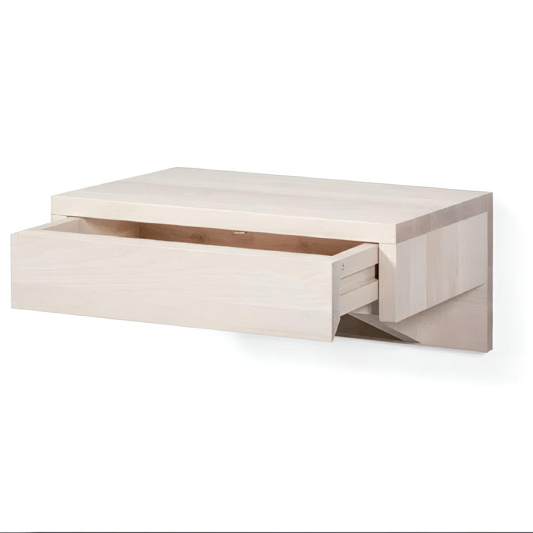 Wall-mounted whitewash beech bedside table with drawer and smooth compact form