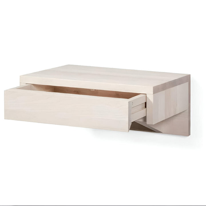 Wall-mounted whitewash beech bedside table with drawer and smooth compact form