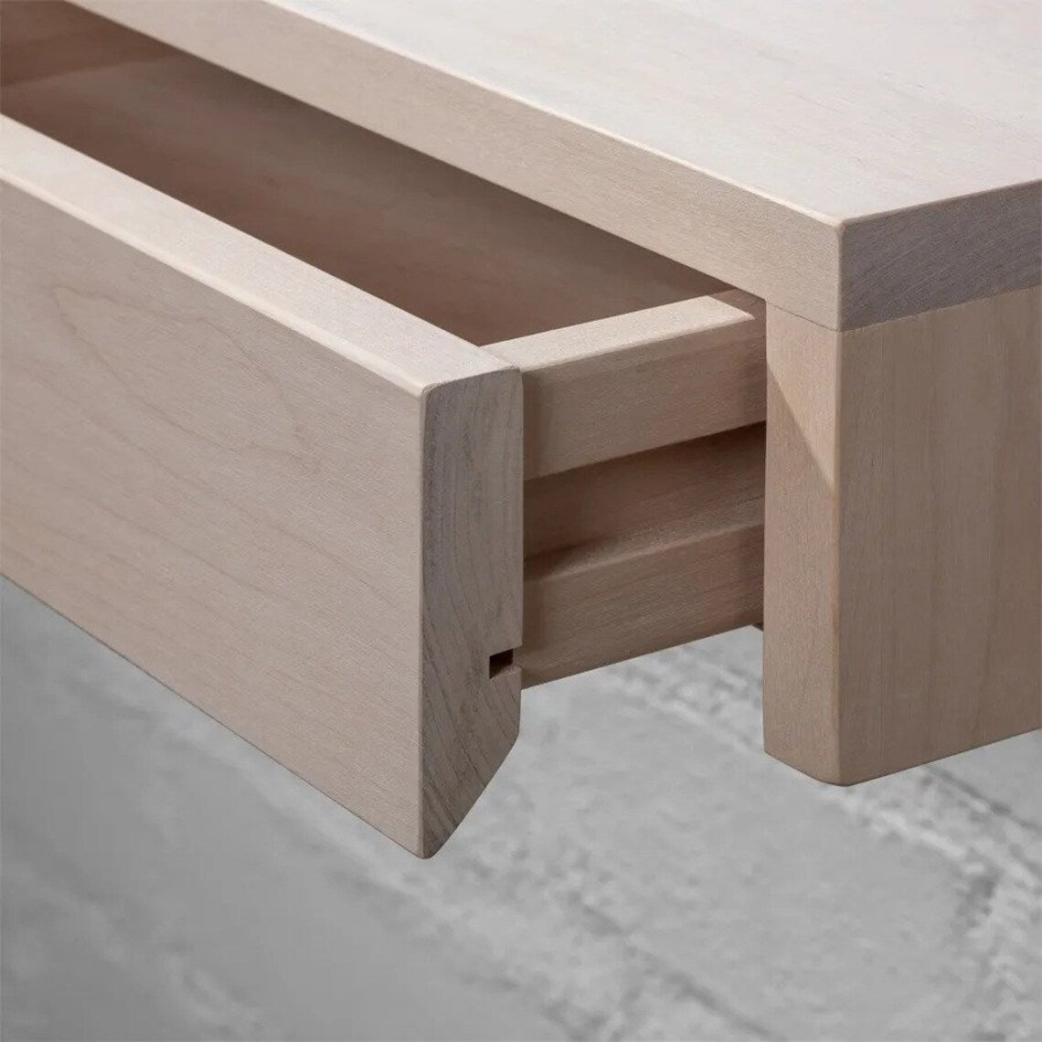 Nightstand BO, Floating , White Natural Solid Birch Wood with Drawer, drawer runner detail