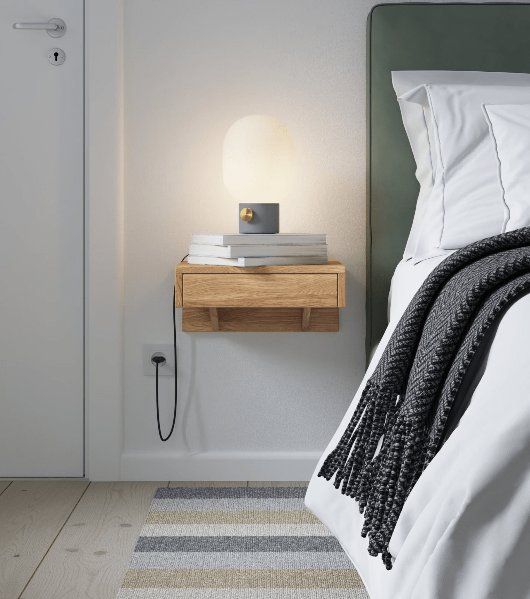 Bo solid oak floating nightstand with single drawer and matte lacquer finish