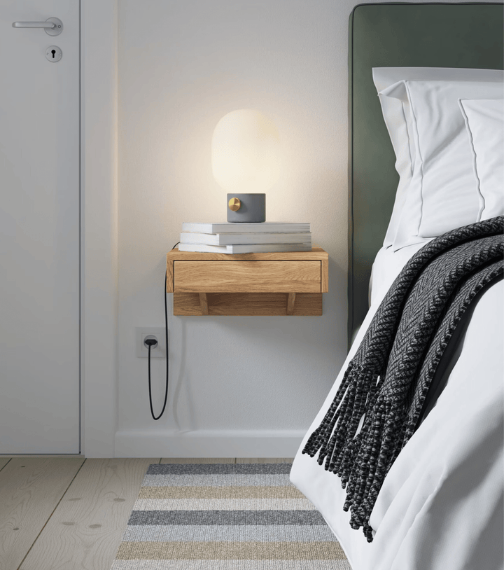 Bo solid oak floating nightstand with single drawer and matte lacquer finish