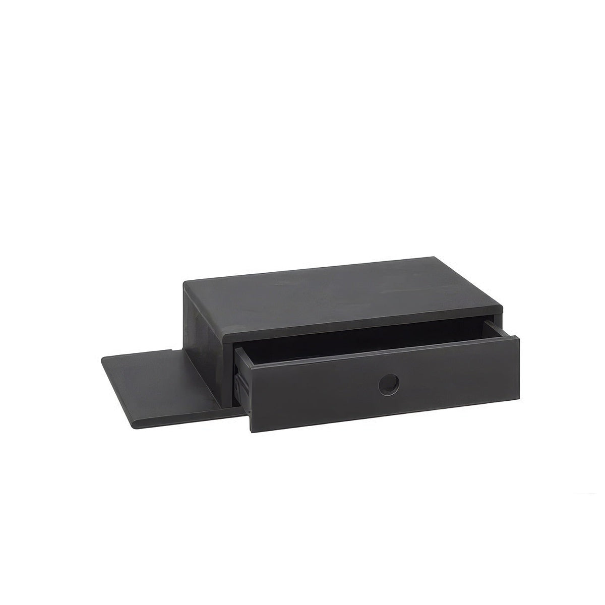 Hope Floating Nightstand Black Beech - drawer open showing interior, extended side shelf, solid black beech wood